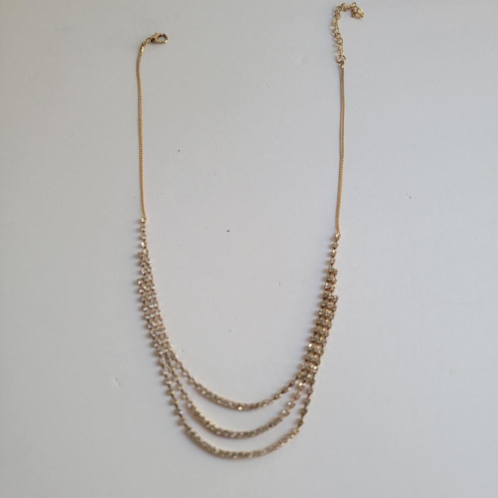 Gold Crystal Rhinestone Layered Tennis Necklace Multi Strand Statement 18 In